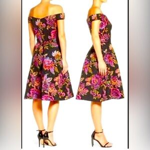 NWT Adrianna  Papell Off Shoulder Tea length Lined Metallic Floral Dress